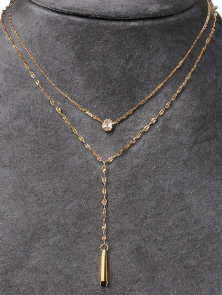 Layered Gold-Tone Y Necklace – Double Chain with Crystal & Drop Pendant